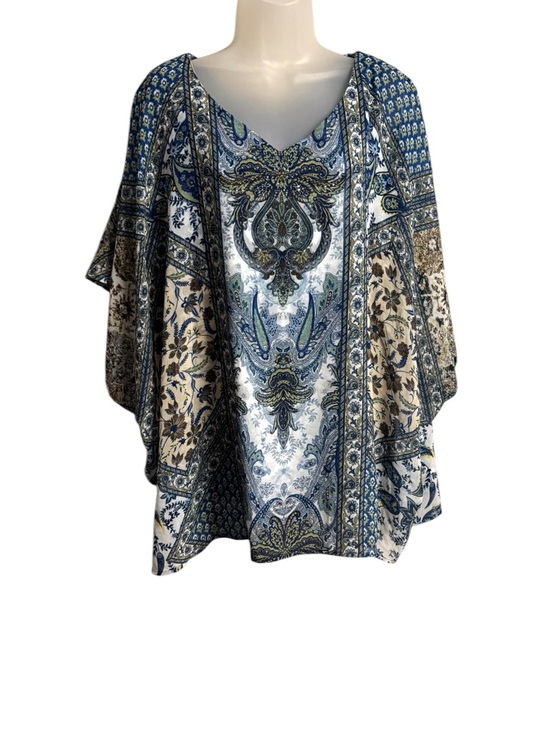 cactus & pearl Tops - GORGEOUS Print V-Neck Flowing Top - Blue & Cream PLUS: 2X    #11